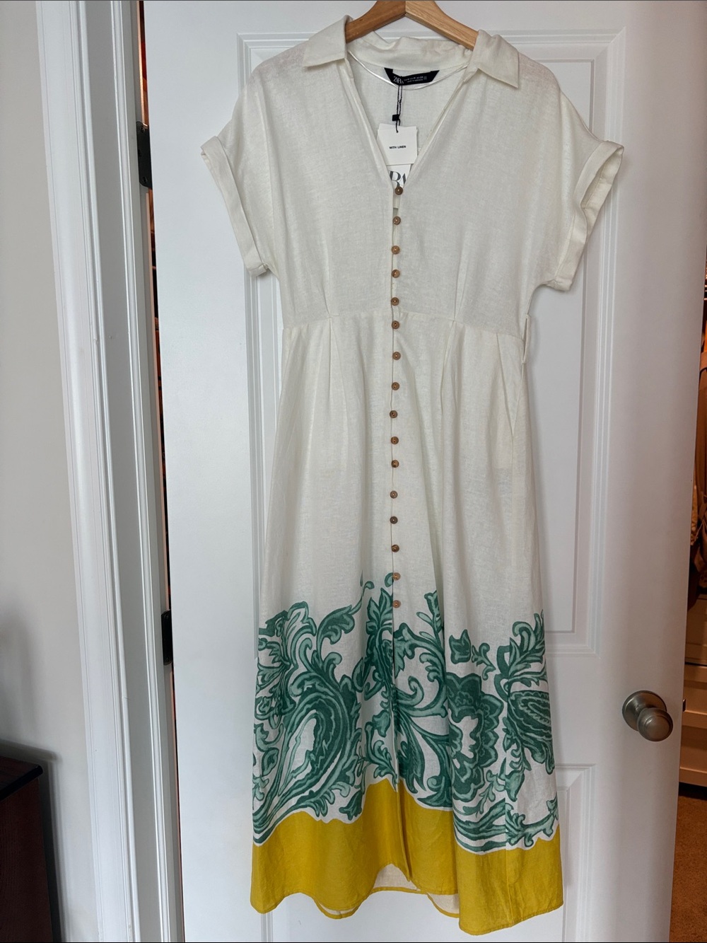 Zara Cream Maxi Dress with Green Border Print & Yellow Hem